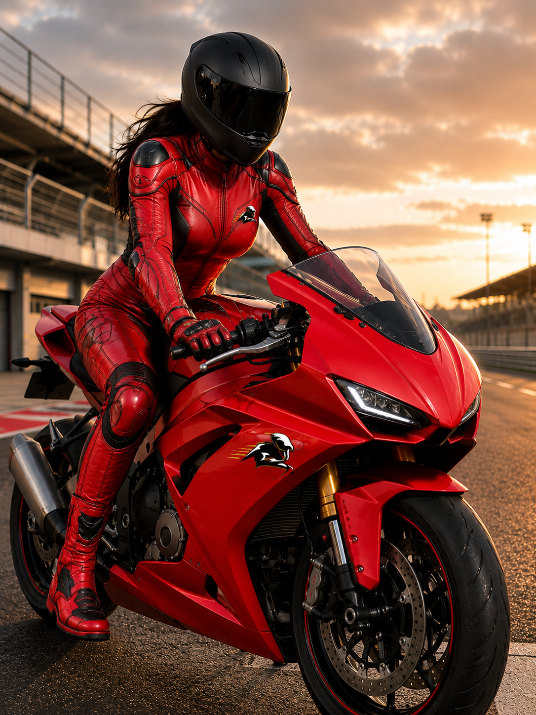 Velox Stealth Women's Red Leather Motorcycle Racing Suit - Image 4